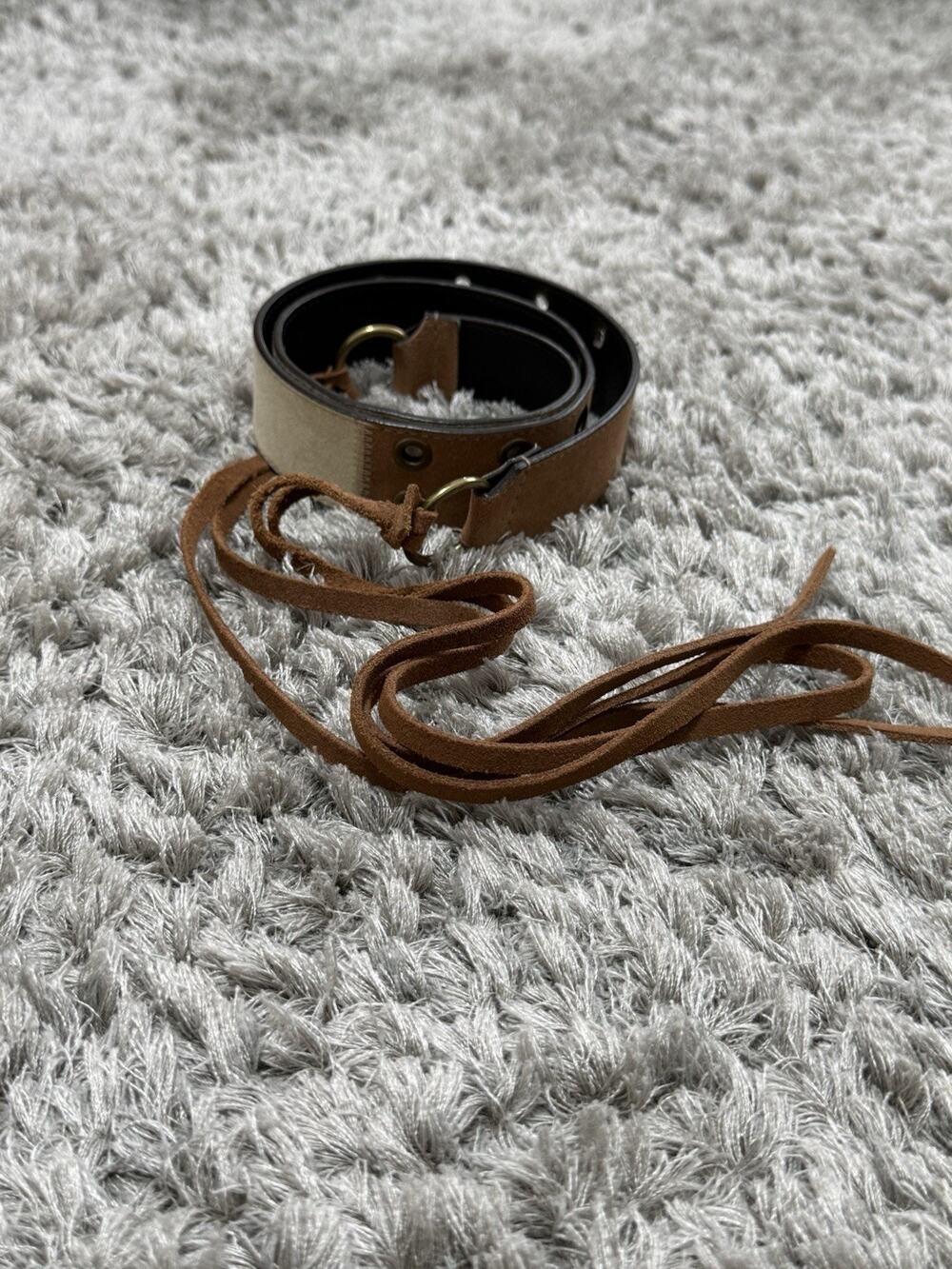 Boho Fringe Brown Leather Belt Womens XL O Ring Tie Waist Western Festival